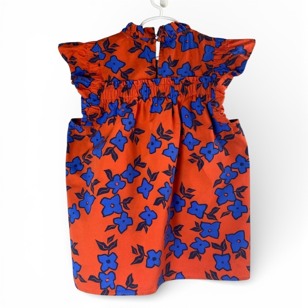 Tyler Boe Womens Eloise Linen-Blend Top Floral Flutter Sleeve Orange and Blue S - Picture 3 of 7